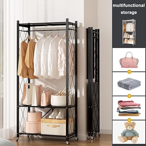 Miniatura 6 de Perchero de ropa resistente con ruedas, estante de almacenamiento de 2 niveles, para colgar ropa, 28.0 x 13.0 x 61.4in (negro)