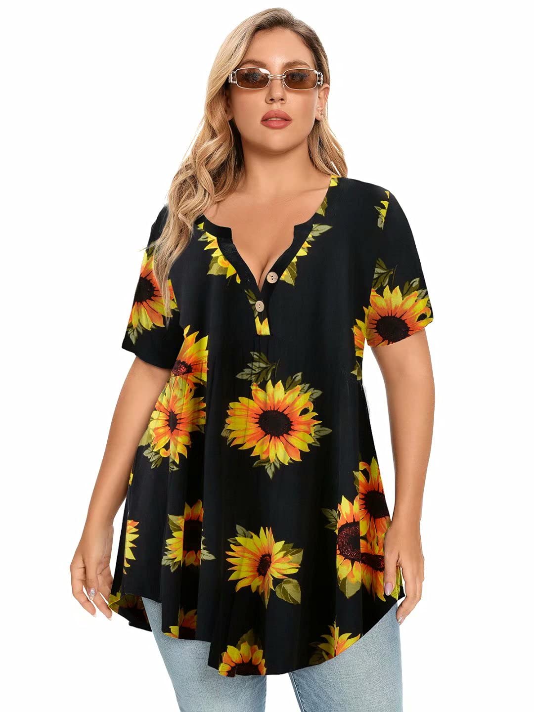 LARACE Women's Plus Size Henley Shirts V Neck Button Tunic Tops Short Sleeve Swing Flowy Blouse