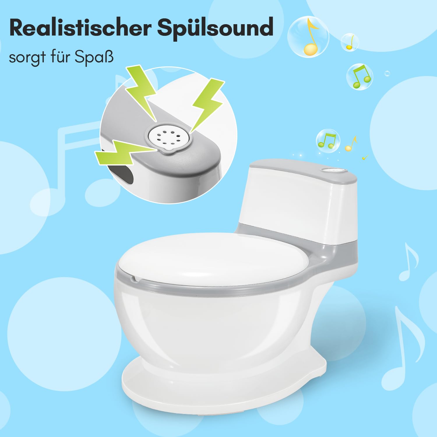 Ikodm Kinder töpfchen mit Spülgeräusch,Toilettentrainer für Kinder mit Sound und Batterien,Töpfchen für kinder weiches PU-Kissen,mit Pinsel Grau weiß