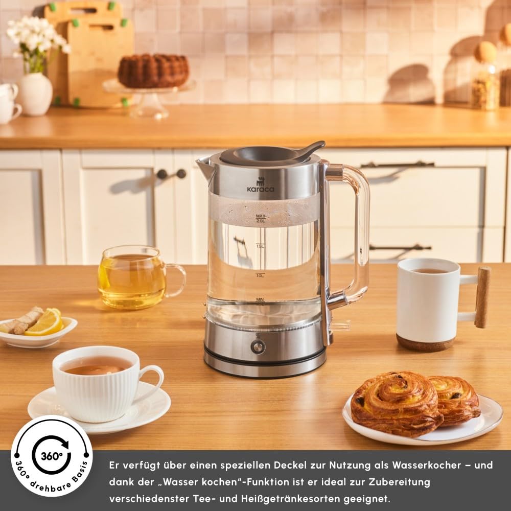 Karaca Luma Glas-Teemaschine, 2200W – 0,8L Teekanne & 2L Wasserkocher, Warmhaltefunktion, LED-Beleuchtung, 30 Gläser/13 Tassen Kapazität, Glasdesign mit Griffen