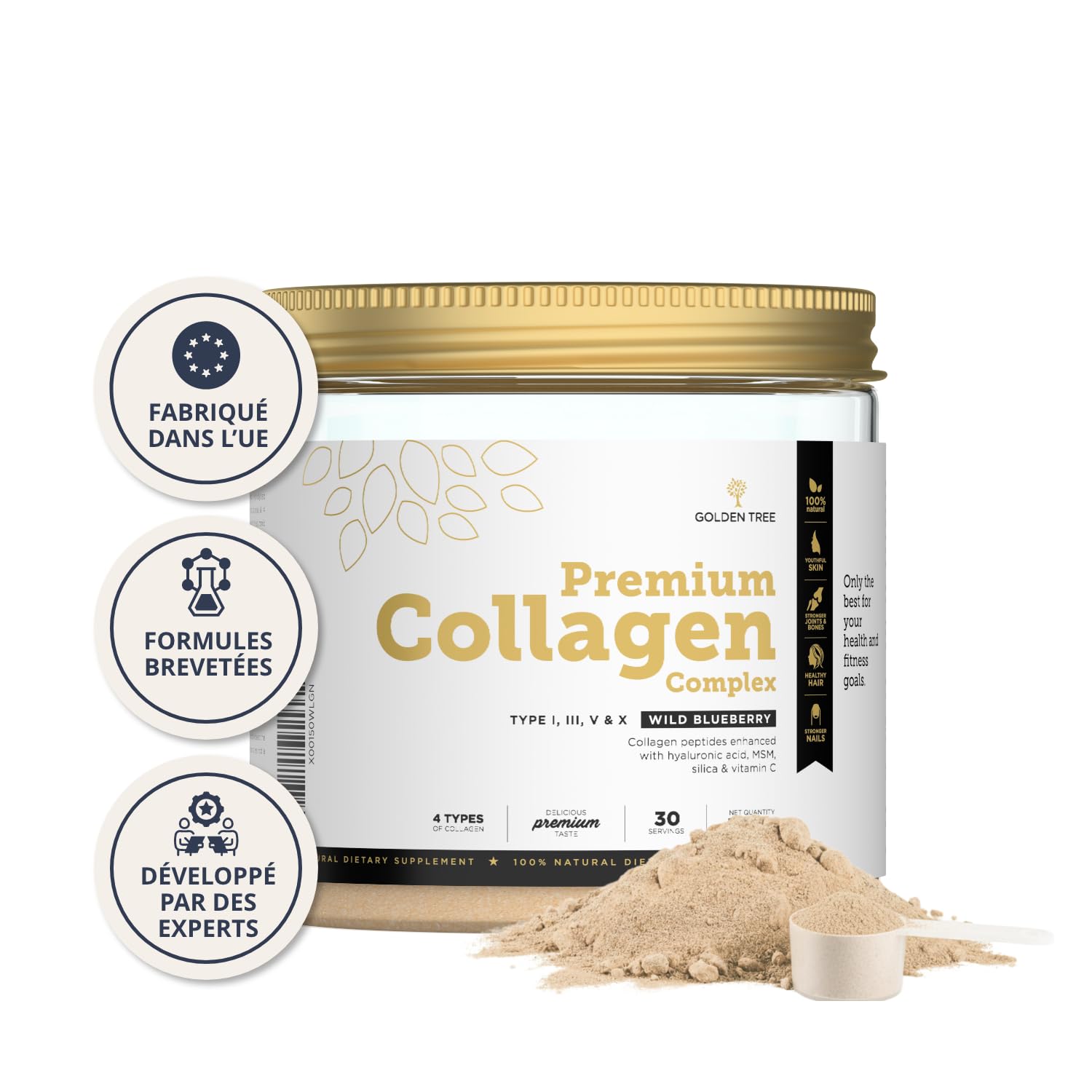 Golden Tree Premium Collagen Complex, 330 g, 30 Portions | Collagène en Poudre avec MSM, Acide Hyaluronique, Vitamine C, Silice, Types I III V X