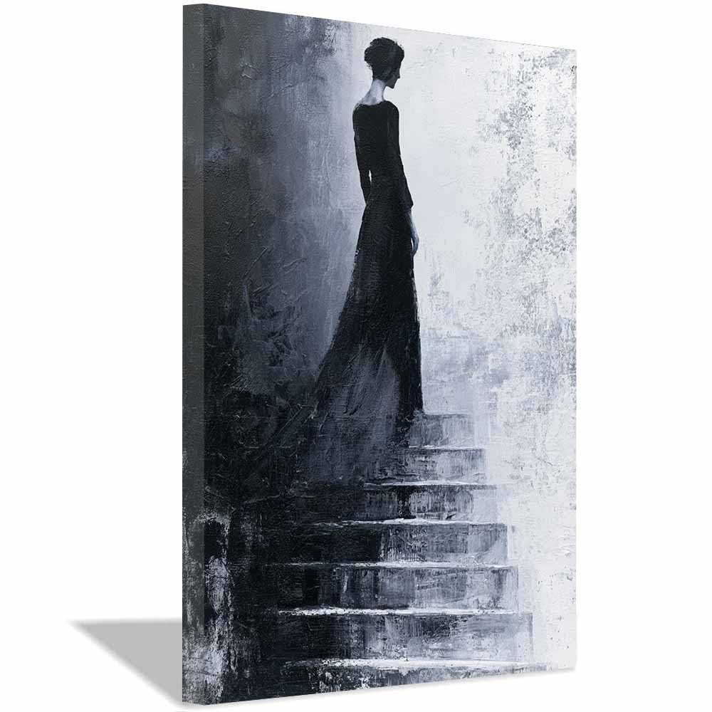HOQIU Grey Wall Art Darks Gown Stair Sketch prints for walls, canvas wall art, for Living Room Bedroom Bathroom Home Office Wall Decoration(Multicolor)-60x80cm Framed