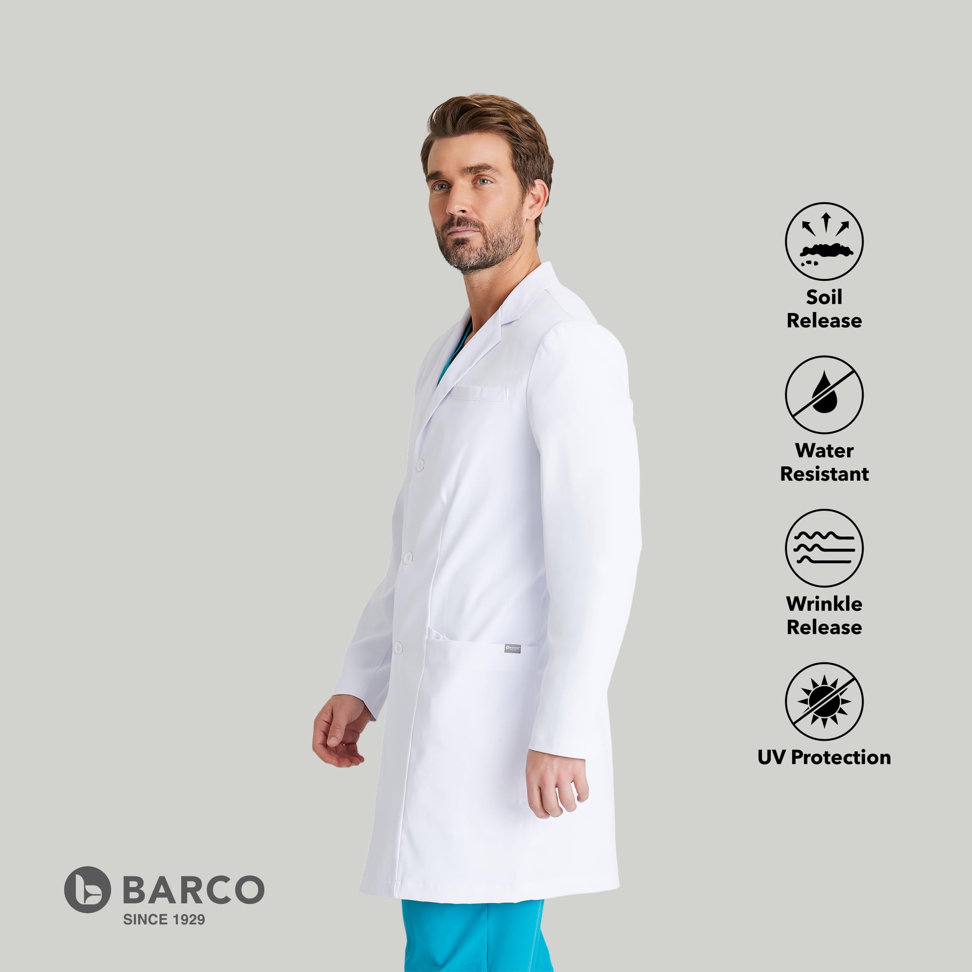 BARCO Verse - Abrigo de laboratorio para hombre, profesional, 3 bolsillos, cierre de 3 botones, manga larga, 96,5 cm