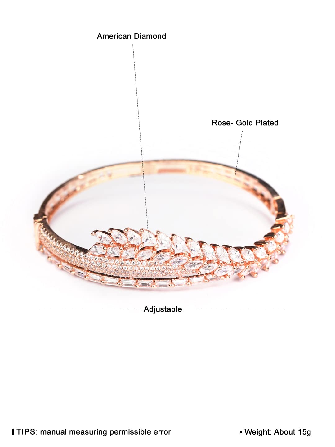 Priyaasi Elegant American Diamond/AD Bracelet for Women | Fashionable & Trendy | Kada Style Leaf Design Girls Bracelet | Rose Gold Bracelet with Interlock Closure | Onesize - 2.6 - Image 5 thumbnail