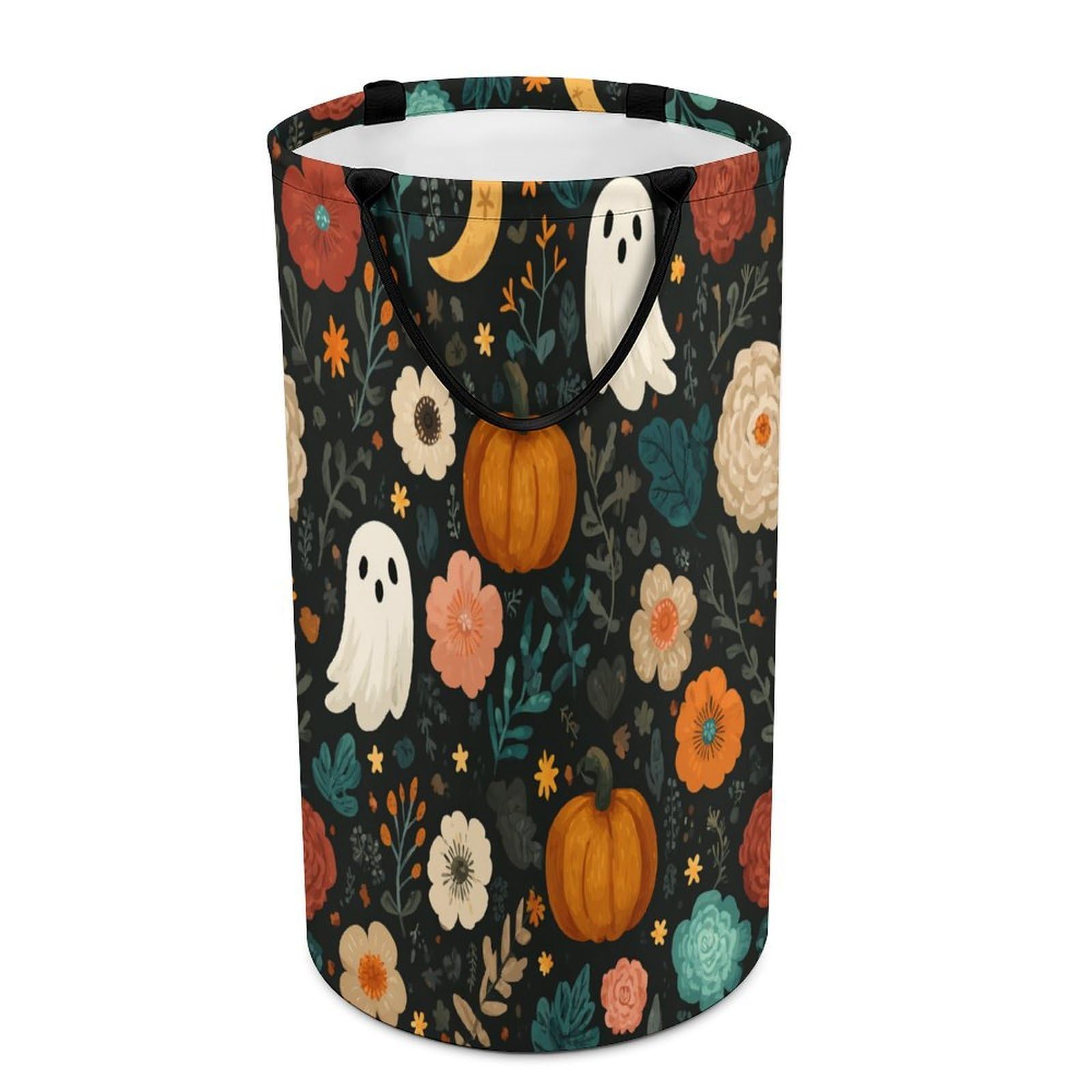LUYYSKY Fantasy Cartoon Cute Ghosts Collapsible Dirty Clothes Basket, Vintage Funny Halloween Moon Plants Flowers Pumpkins Portable Clothes Storage Basket