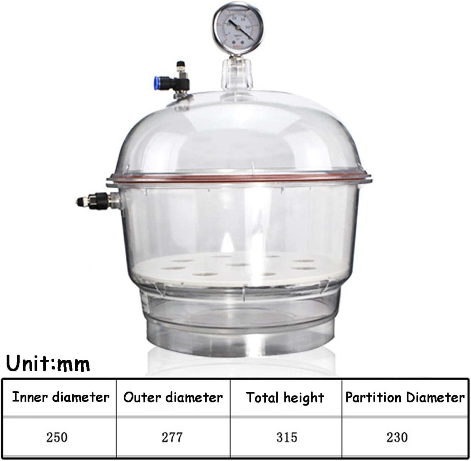 Labor-Vakuum-Exsikkator, 250 Mm Labor-Trockenglas, Durchsichtige Acryl-Vakuumkammer Mit Manometer Und Doppelventil, Durchsichtiges, Versiegeltes Glas Aus Polycarbonat-Kunststoff, Für Vakuumtrocknung