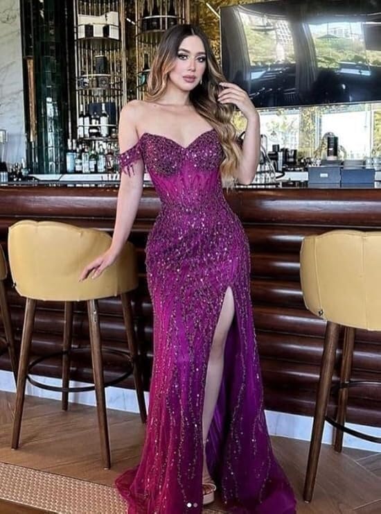 Off Shoulder Prom Dress 2025 Sequins Mermaid Tulle Ball Gowns for Women Formal Beading with Slit P10434