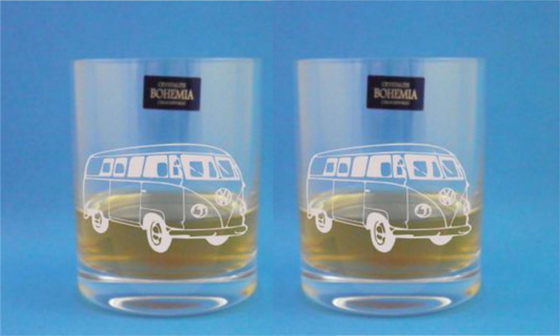 Pair of Bohemia Crystal Whisky Glasses With Volkswagen Campervan Design - Includes Engraving up to 30 Characters