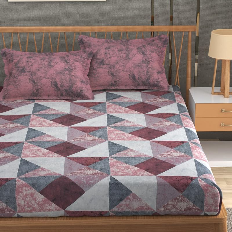 Image of Mafatlal 186 TC Cotton Bedsheet King Size | 108 x 108 Inches | Soft Cooling Summer Bedding | Breathable Skin Friendly Fabric with 2 Pillow Covers | Autumn Delight | Rose Wine