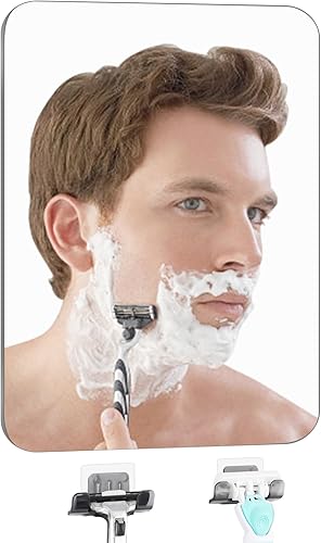 Espejo de ducha sin niebla para afeitar, soporte para maquinilla de afeitar con espejo de ducha, grande (10.2 x 7.8 pulgadas), fácil de instalar,