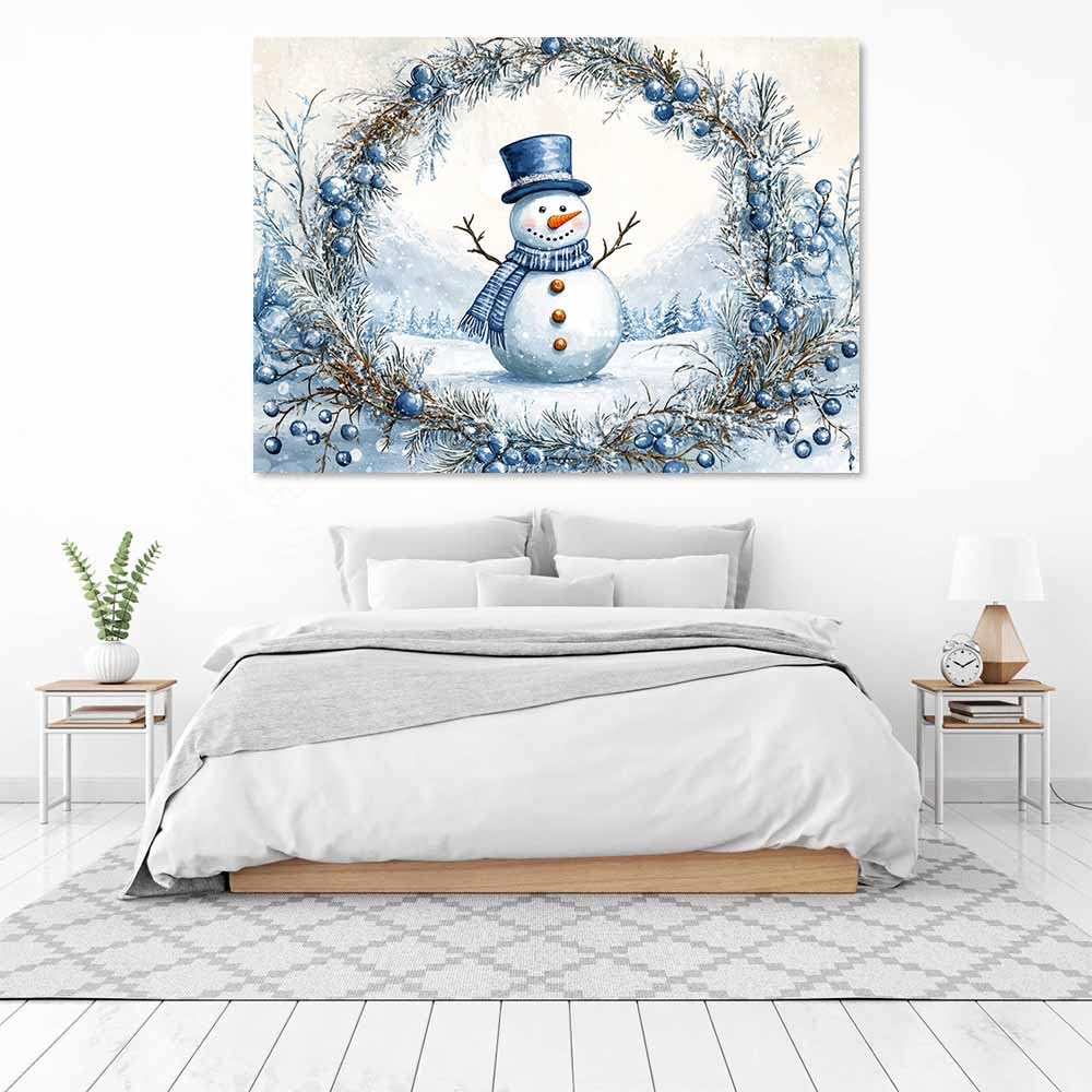 QUSAAOU Art Wall Decor Schneemann mit blauem Kranzrahmen Wanddeko Bild Schlafzimmer KüChe Deko Wandbilder Dekoration Wohnzimmer Wall Decor Canvas Wand Kunstdruck(Blau)-70x100cm Ungerahmt