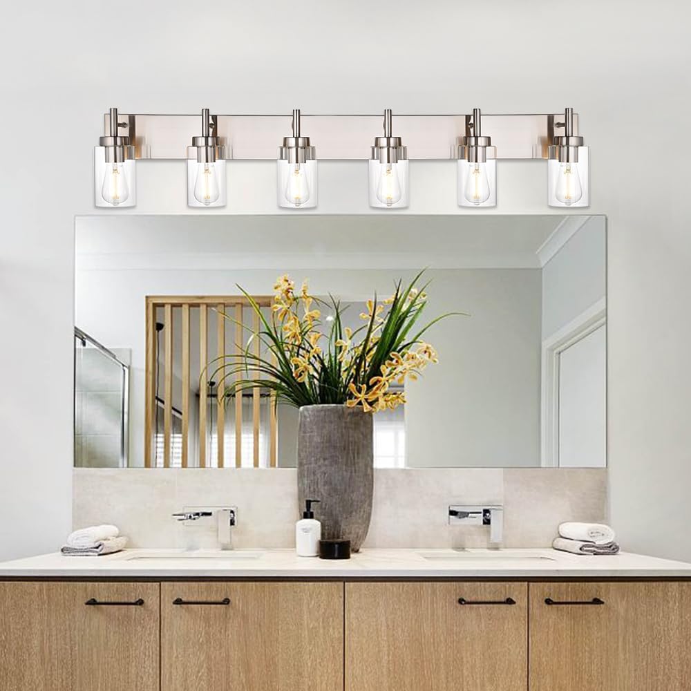 VINLUZ Bathroom Vanity Light Fixture Brushed Nickel with Clear Glass 6-Light Modern Wall Lighting Industrial Indoor Sconces Wall Mounted Lamp for Bedroom Kitchen (Patent No.: US D958,438 S)