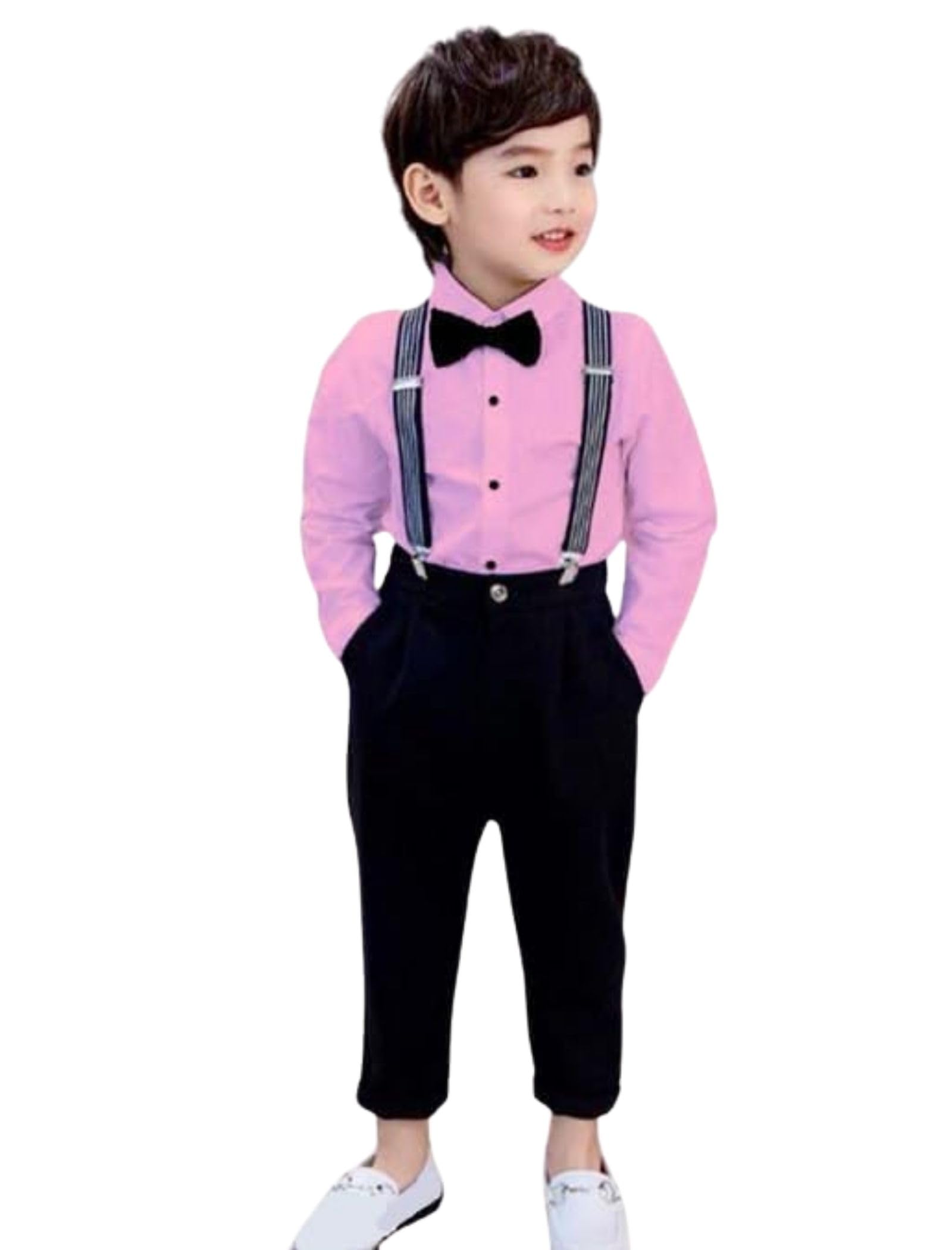 ROYALICA Kinderbekleidung für Kinder, Baumwollmischung, Set aus Hemd und Hose, langärmelig, mit Trägern und Fliege, für Kinder, Rosa, 4 Jahre