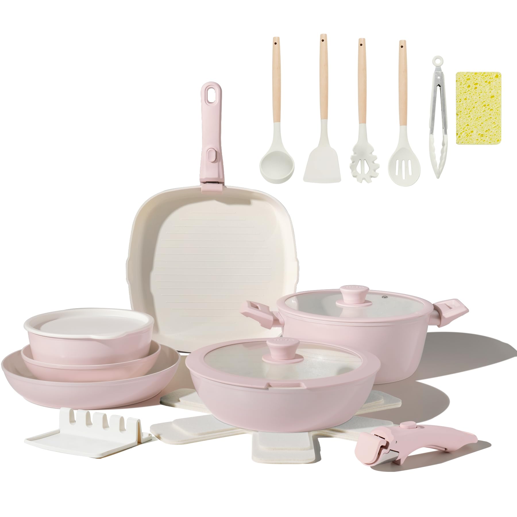 BECIGAR23pcs Ceramic Pots and Pans Set, Nonstick Detachable Handle Cookware, Induction Kitchen Cooking Set with Removable Handle,include Frying Pans & Saucepans Oven Safe(Pink)