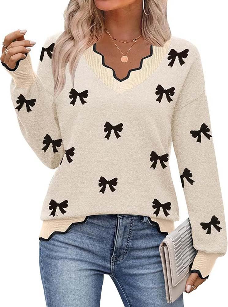 Apvirdy Womens Bow Sweater Scalloped Trim V Neck Sweater Fall Casual Long Sleeve Lightweight Ribbed Knit Pullover Top