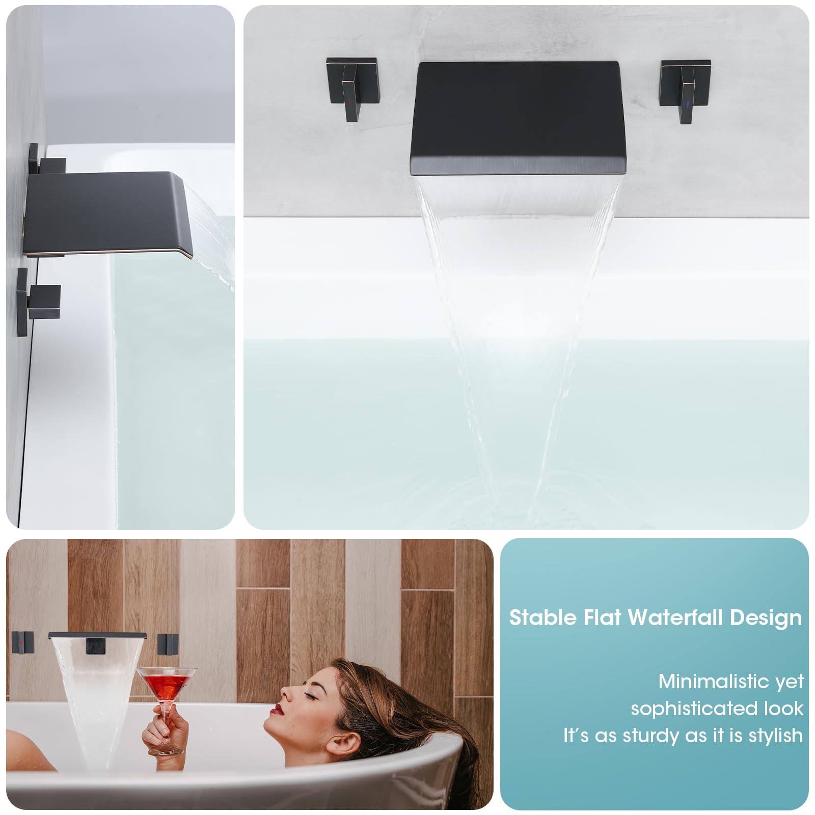 Wandmontage Badewannen Wasserfall-Armatur Schwarz – 2-Griff Hoher Durchfluss, Messing