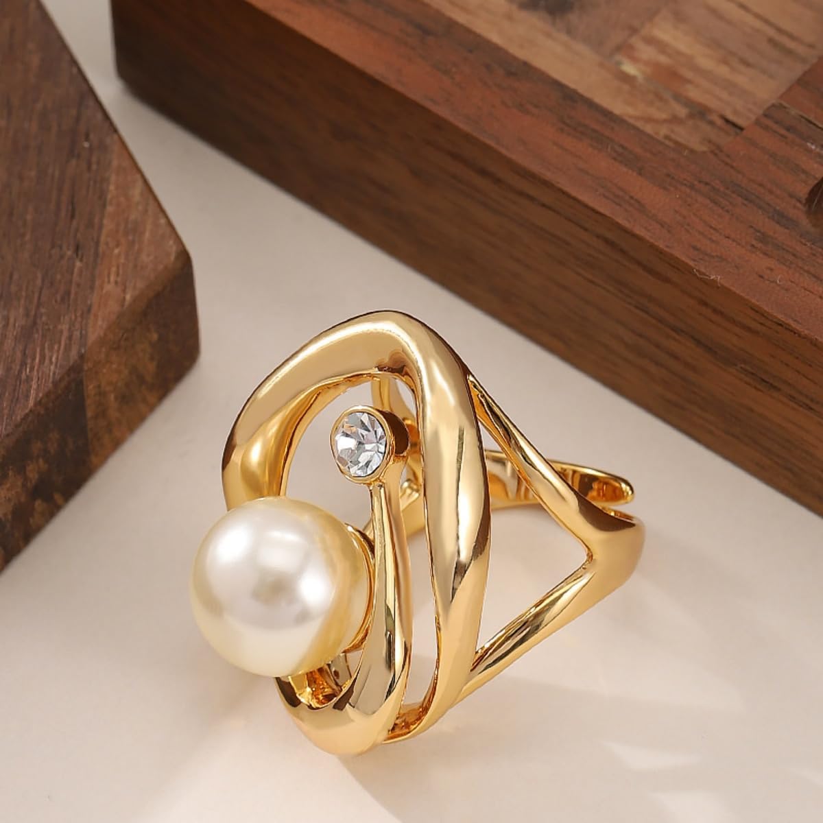 Kokoma Big Pearl Ring for Women Cubic Zirconia Hollow Oval Ring Adjustable Open Band Elegant Anniversary Engagement Wedding Fashion Finger Jewelry - Image 4