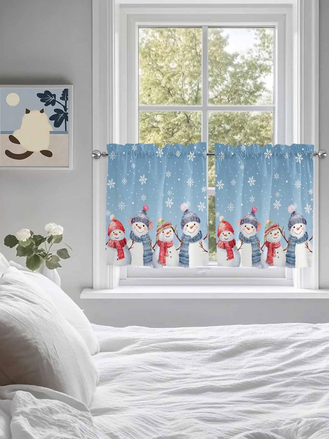 Tier Curtains 36 Inch Length for Kitchen Sink, Christmas Rod Pocket Kitchen Curtain, Xmas Snowman Blue Snowflake Winter Holiday Short Half Window Curtain Panels Drapes, (27.5"W x 36"L, 2 Panels)