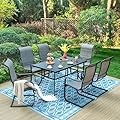 PHI VILLA 7 PCS Patio Dining Table Set, Large Metal Dining Table with Umbrella Hole & 6 Higher Backrest Chairs with Padded Textilene?Patio Table and Chairs for Yard