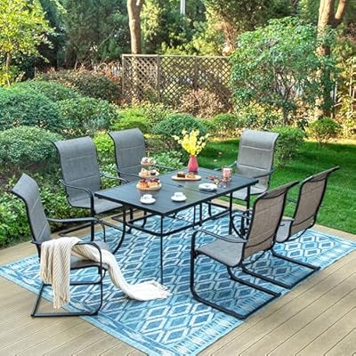 PHI VILLA 7 PCS Patio Dining Table Set, Large Metal Dining Table with Umbrella Hole & 6 Higher Backrest Chairs with Padded Textilene?Patio Table and Chairs for Yard