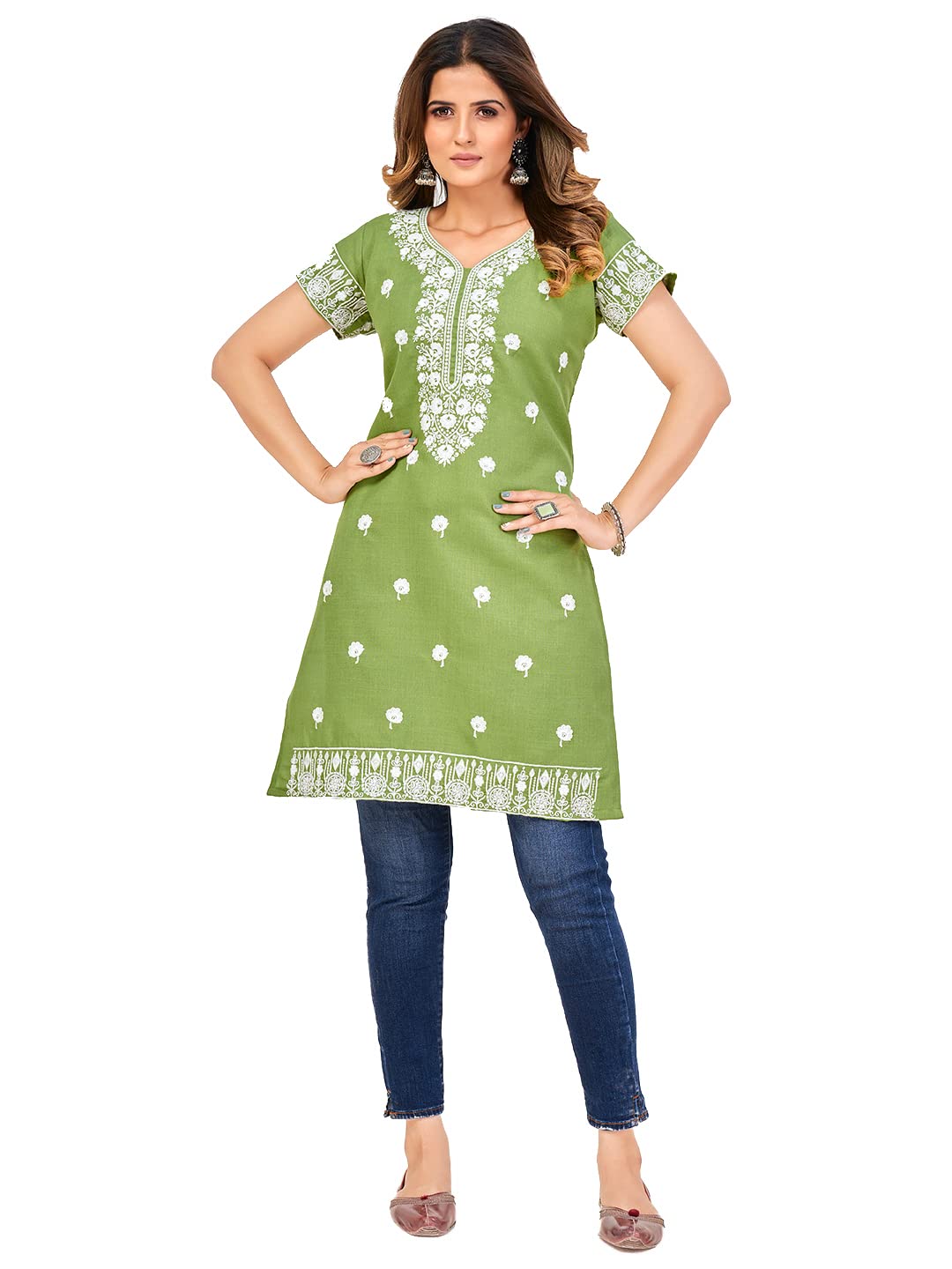 Apeiro Magic Slub Chikankari Kurti, Green, 36