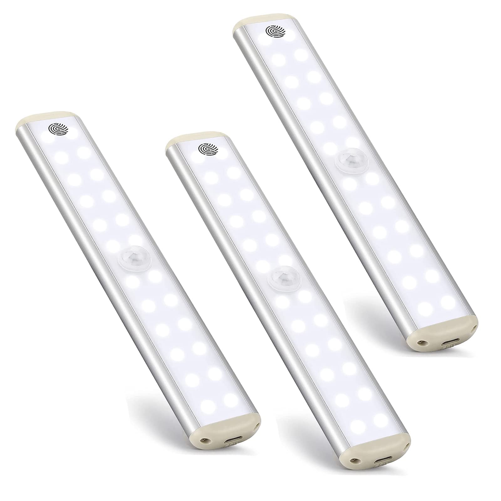 Lampy szafki z czujnikiem ruchu, Led pod szafką kuchenną, oświetlenie szafki z możliwością ładowania USB z samoprzylepnymi paskami magnetycznymi (24 białe światła dotykowe × 3)