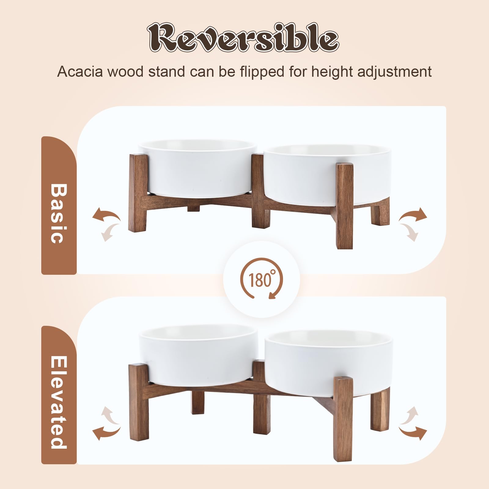SPUNKYJUNKY Juego de cuencos de cerámica para perros con soporte de madera de acacia, cuenco elevado para comida y agua para perros pequeños y medianos (13 onzas, blanco)