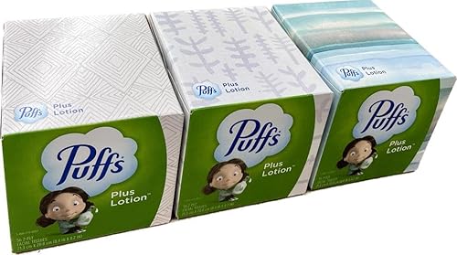 Loción de pañuelos faciales Puffs Plus, 3 cubos, 56 pañuelos por caja (el diseño de la caja puede variar)