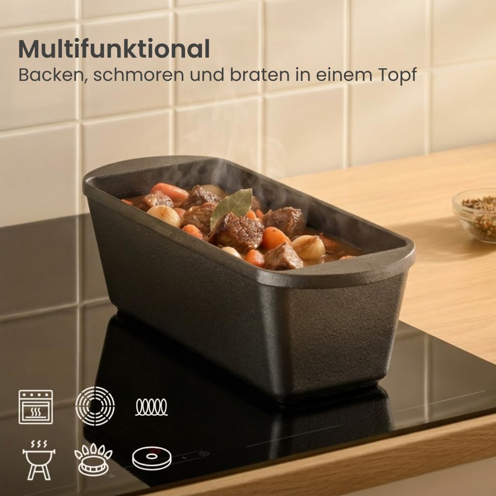 XENIA Brotbackform mit Deckel 28cm - Inkl. Silikongriffe - Gusseisen Kastenform für Brot & Sauerteig - 3L Dutch Oven & Bräter rechteckig - Brottopf für Induktion & Backofen geeignet