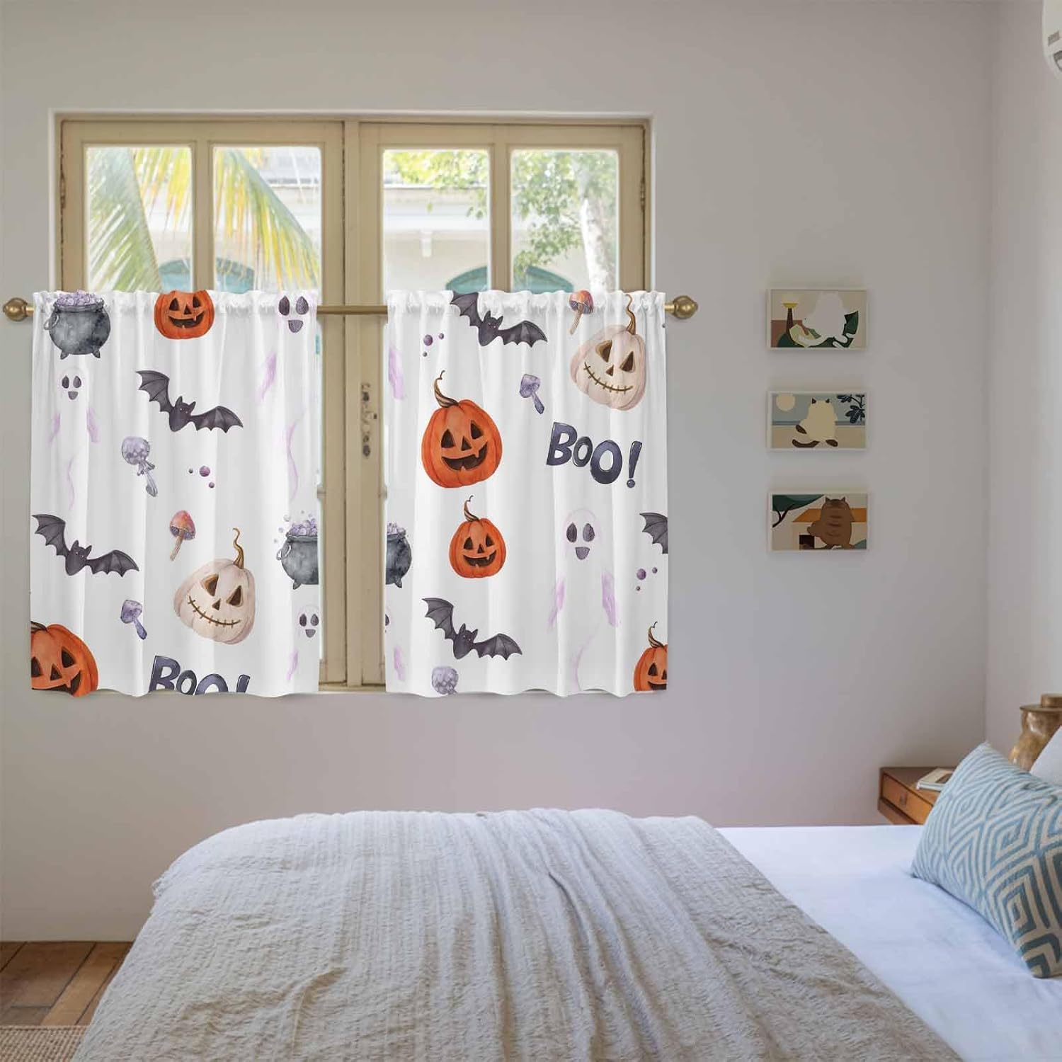 Halloween Kitchen Tier Curtains 45 Inch Long 2 Panel Set, Rod Pocket Short Window Treatment, Bat Pumpkin Ghost Candy Fall Seasonal Light Filtering Curtains & Drapes for Bathroom Basement 27.5"W x 45"L