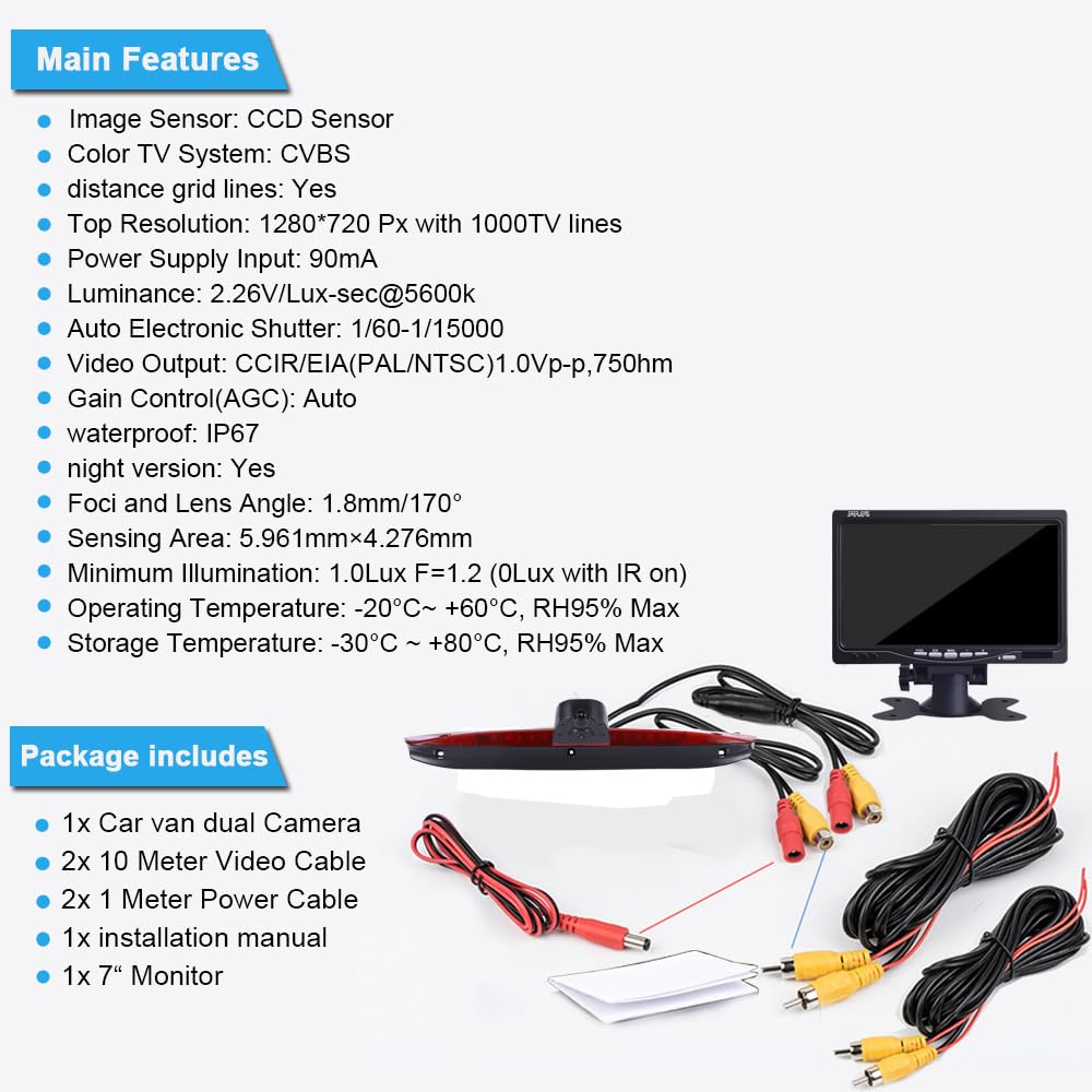 Cámara de visión trasera doble+monitor de pantalla de 7 pulgadas, tercera luz de freno, cámara de marcha atrás para Mercedes Vito Mixto W639 2010/Benz Vito 639 2019 W447 109 111 114 Dos puertas