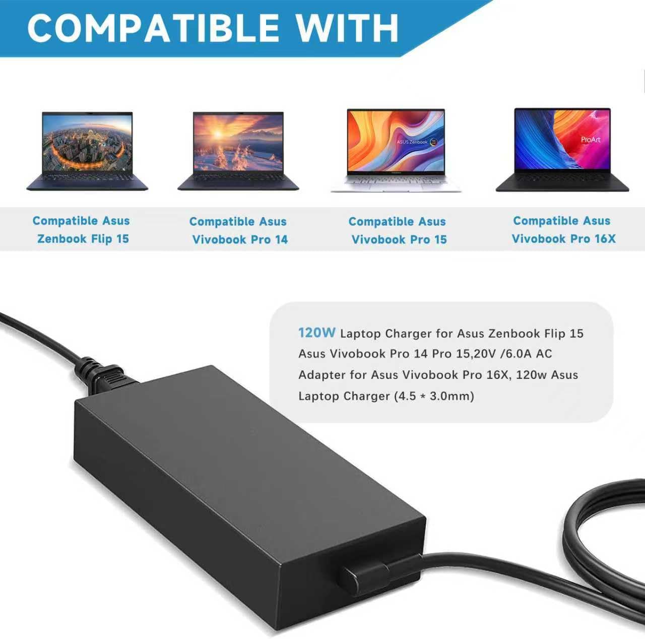 120W AC Adapter Compatible with ASUS ZenBook Pro 15 UX534FT, Flip 15 Q538EI Q547VF, VivoBook Pro 14 15 16X M7600 N7600 20V 6A 4.5mm x 3.0mm Connector (Small Tip with Pin Inside)
