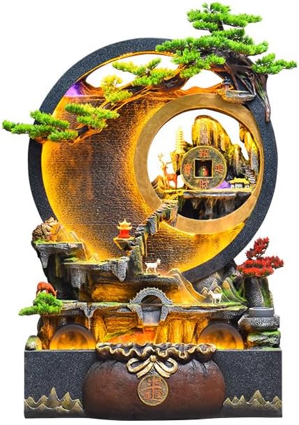Modern Zen-Inspired Water Fountain with Multi-Level Waterfalls and LED Lighting – Standing Feature for Indoor/Outdoor Use, Includes Bonsai and Artistic Details(1899 Rockery+1666)