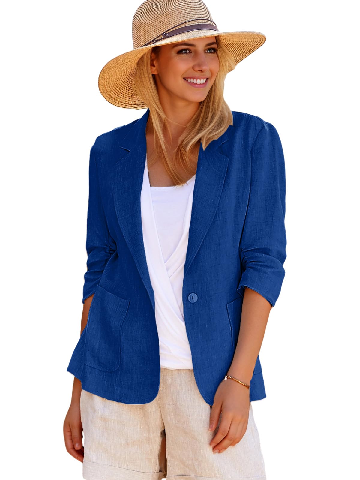 Mina Self 2025 Summer Linen Blazer Women Lightweight 3 4 Stretchy Ruched Sleeve Fully-Lined Casual Work Jacket with