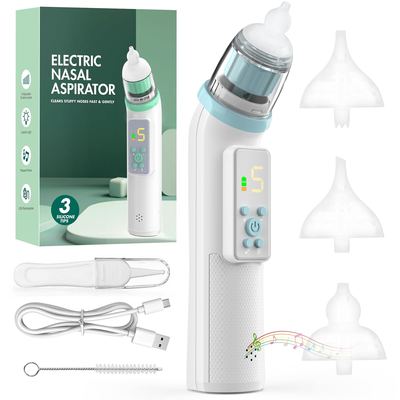Elektryczny aspirator do nosa dla niemowląt, przenośny odsysacz śluzu dla dzieci z 3 silikonowymi dyszami, 5 poziomów, relaksująca muzyka, czyszczenie nosa z akumulatorem USB-C niebieski
