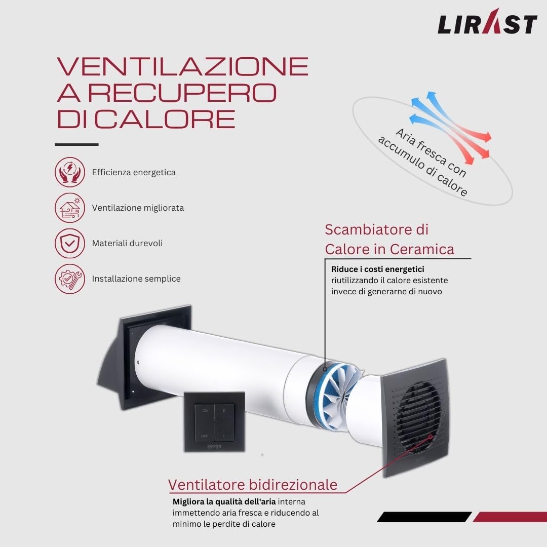100mm Ventilazione Meccanica Controllata VMC Doppio Flusso Recupero Calore con Interruttore - Antracite VMC Recuperatore di Calore Doppio Flusso