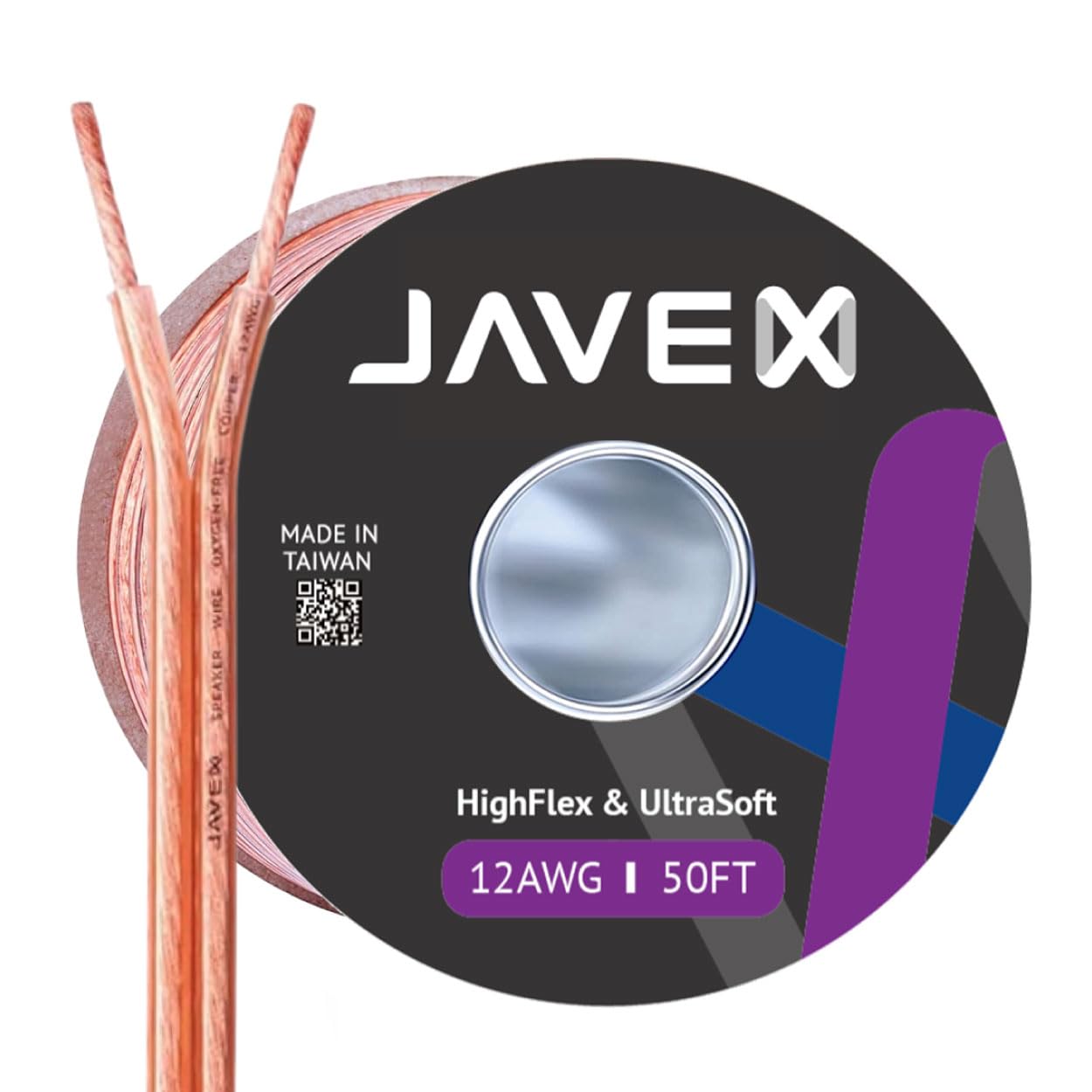 JAVEX 12-Gauge AWG Audio Speaker Wire Cable (50 FT), [Oxygen-Free Copper] Thin Flat Cable for Automotive Car Stereo Audio, HI-FI Stereo, Home Theater, Subwoofer, Soundbar, Blue/Black