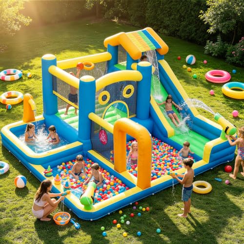 Large Inflatable Water Park with Slide and Splash Pool for Kids AONESY Inflatable Bouncy Castle Water Sprayers Climbing Jumping Soccer Area 480W Blower for Indoor Outdoor Backyard