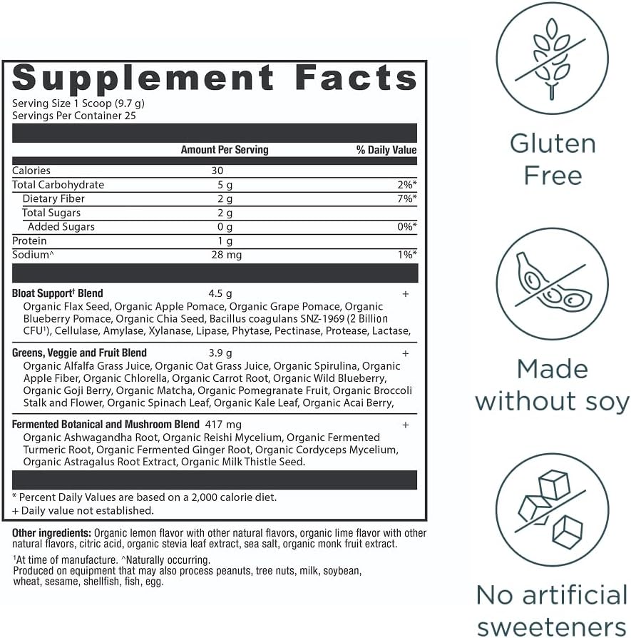 Ancient Nutrition Organic SuperGreens Bloat Relief, Digestive Enzymes, Prebiotic Fiber & Probiotics, Supports Bloat Relief & Digestive Health, 25 Superfoods, Citrus Apple, 25 Servings - Image 2