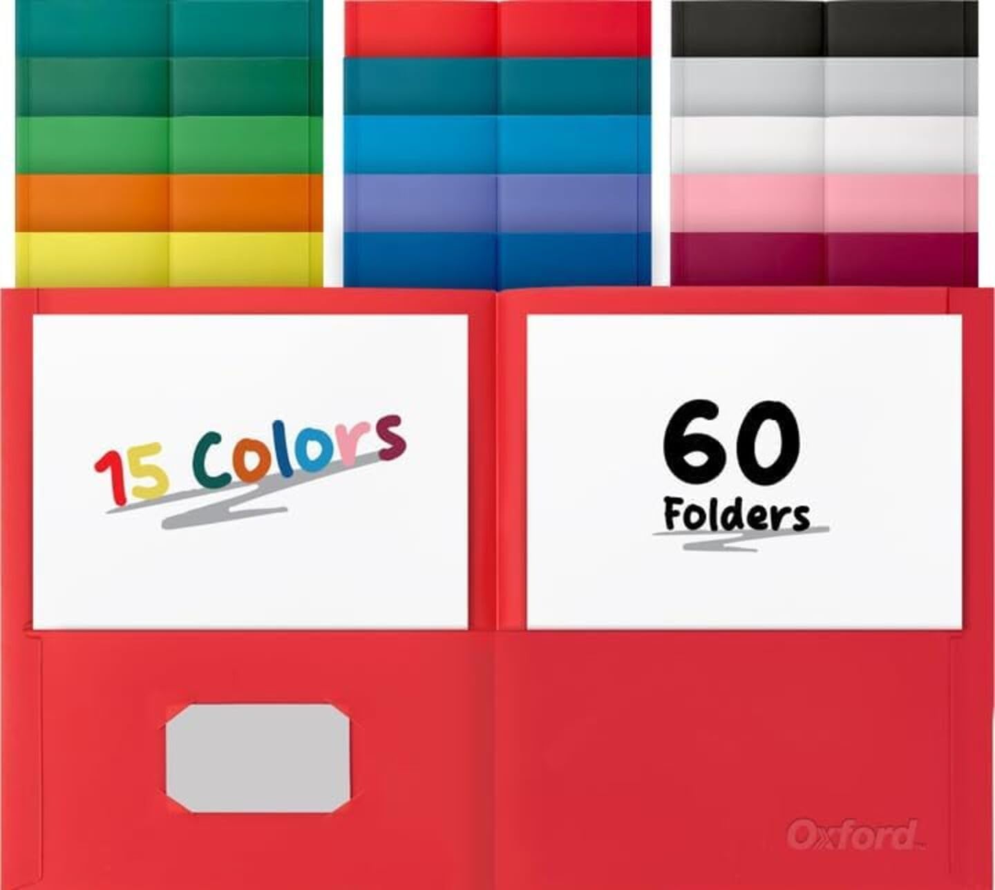 Oxford 2 Pocket Folders, Textured Paper, 15 Assorted Colors, Letter Size File Folders with Pockets, Pack of 60