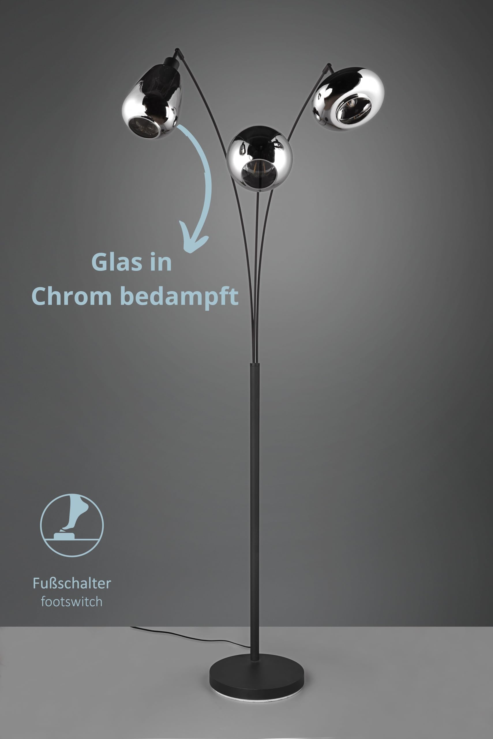 Ludmila Stehlampe, 3-flammige Stehleuchte für Wohnzimmer oder Schlafzimmer, Schirm aus Glas, Fußschalter, Höhe: 200 cm, Breite: 71 cm, Metall schwarz matt, exkl. 3 x E14, Max: 40W