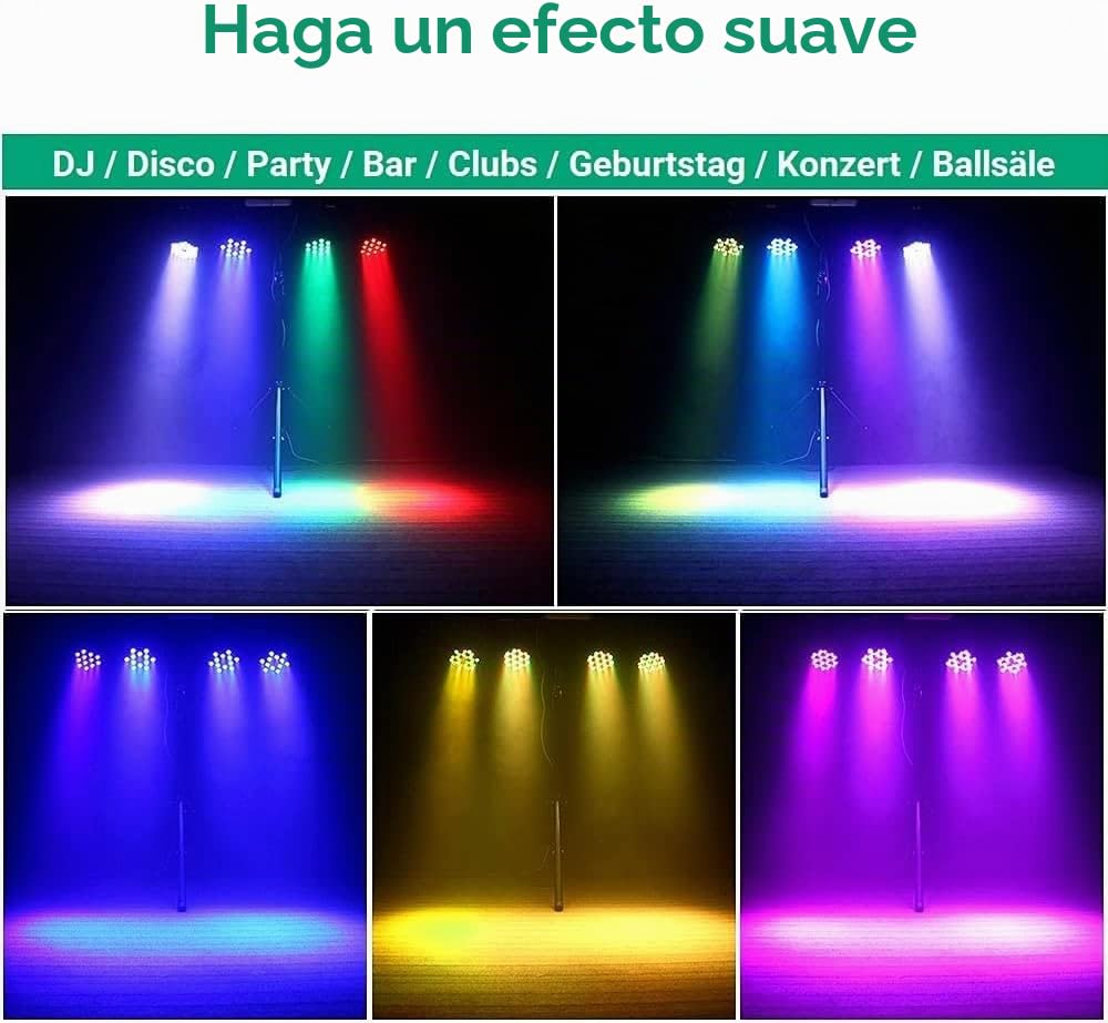 HOLDLAMP 4PCS Focos LED Par con Bolsa, RGB 36 LED Luz de Escenario con Control DMX 7CH y Activación de Sonido, Iluminación de Escenarios para Fiestas DJ Discoteca Bar
