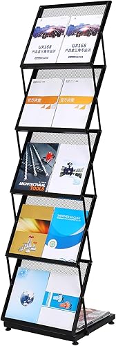 PATIKIL Estantes de exhibición plegables para revistas, soporte de pie de 5 capas, soporte para catálogo de literatura con ruedas para hotel,