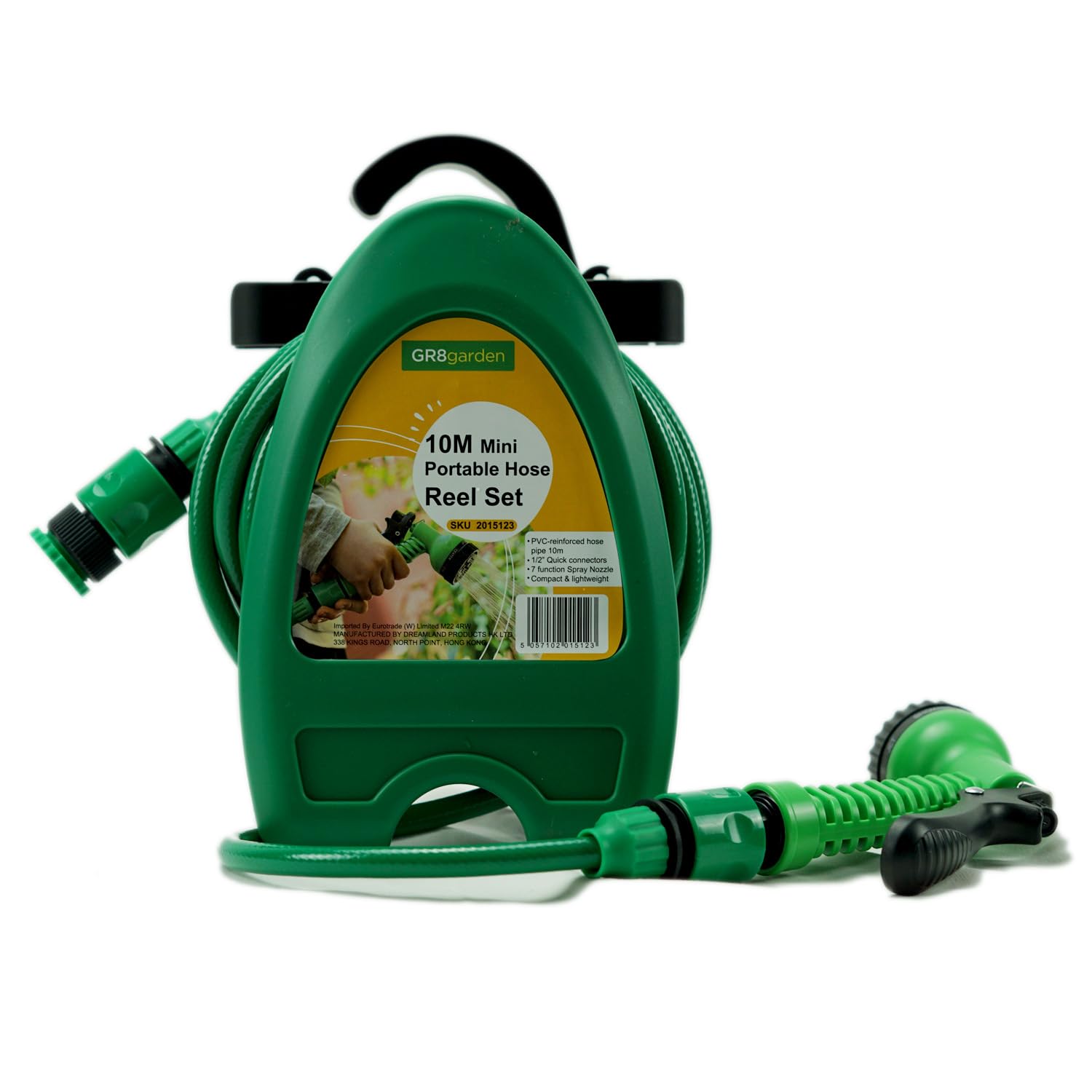 Gr8 Garden Hose Reel - 10M Portable Watering Gun Cart - Green Compact Sprayer for Patios, Cars, Bikes
