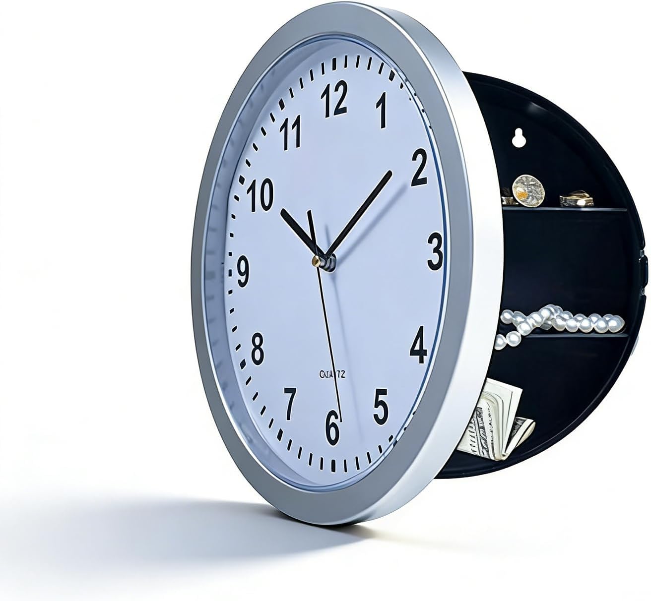 Wall Clock with Hidden Safe, Vintage WallClock Diversion Safe Simple Style Plastic Wall Clock Valuables Diversion Safe for Money Cash Jewelry (Silver)