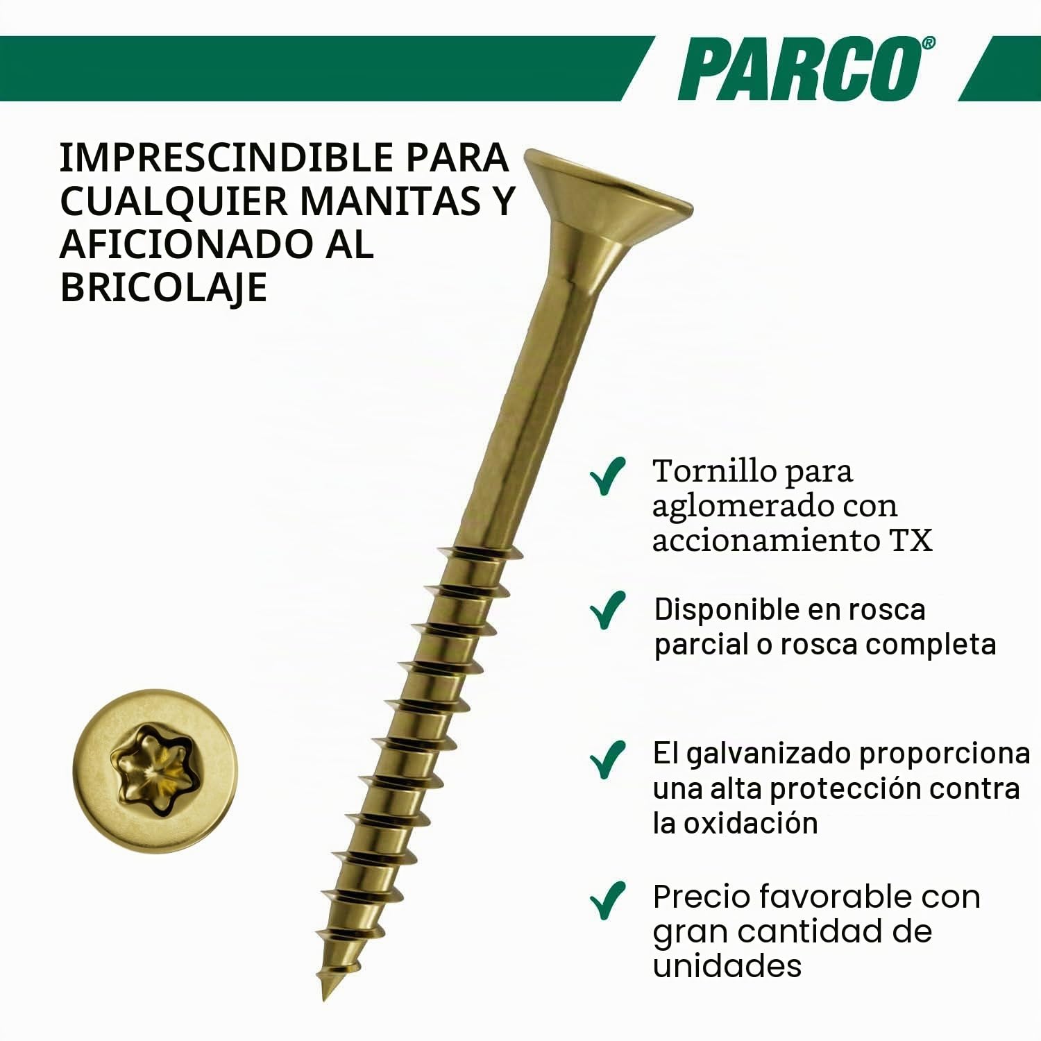 Tornillos tirafondos de cabeza avellanada Torx Parco, surtido de 4900 piezas, amarillo galvanizado + puntas Torx 890P109