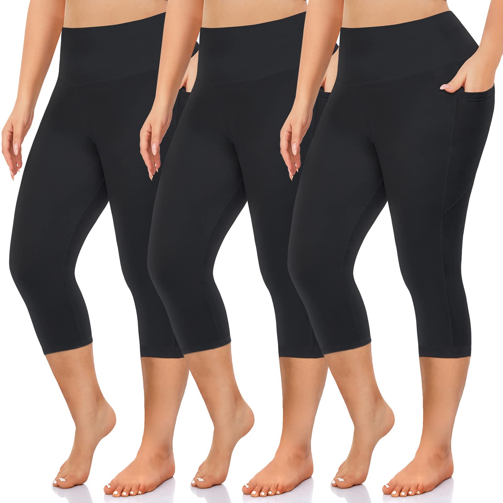 NEW YOUNG 3 Pack Plus Size Capri Leggings with Pockets for Women,High Waist Tummy Control Workout Yoga Leggings