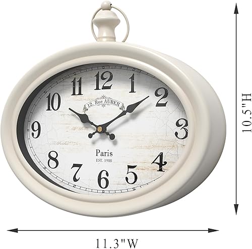 Miniatura 2 de Ddysins Reloj de pared ovalado retro, estilo antiguo vintage, blanco, funciona con pilas, para granja, cocina, dormitorio, baño (10.5 pulgadas de