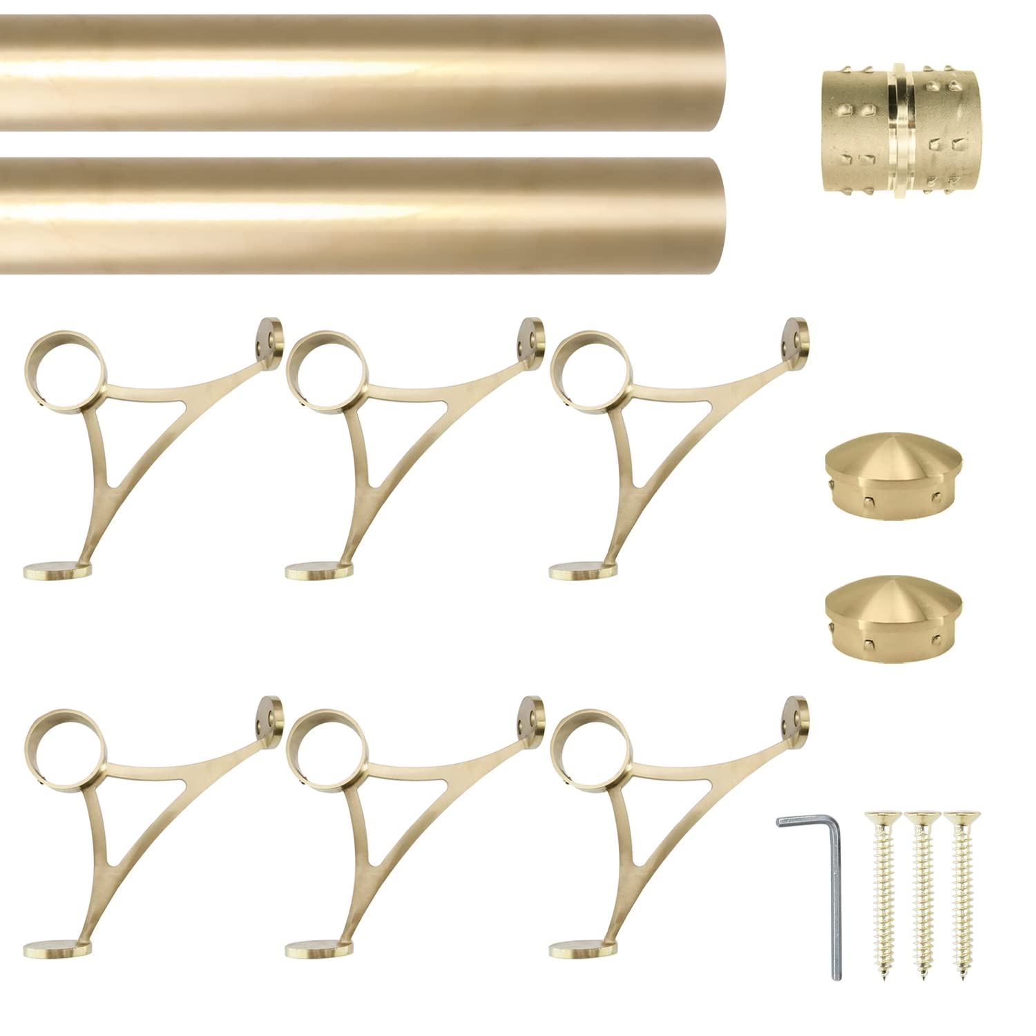 Combination Mount Foot Rail Kit, Satin Golden Finish Stainless Steel Tubing w/Internal Connector, Combination Foot Rail Brackets (Tapered End Cap, 15 ft (90 in x 2))