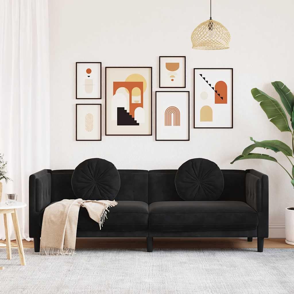 Sofa z poduszką, 3-osobowa, czarna aksamitna, szerokość 193,5 cm, miękka tkanina tapicerska, wygodna kanapa do salonu, wytrzymała